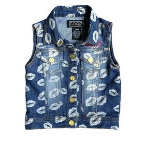 Coogi Kids Denim Vest Size 18m Lip‎ Kiss Print Pink Logo Spellout Embroidery Vtg